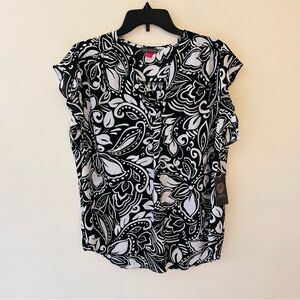 Vince Camuto black/white floral print flutter sleeve V neck blouse size large